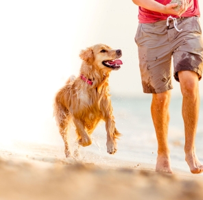 man running on beach with dog