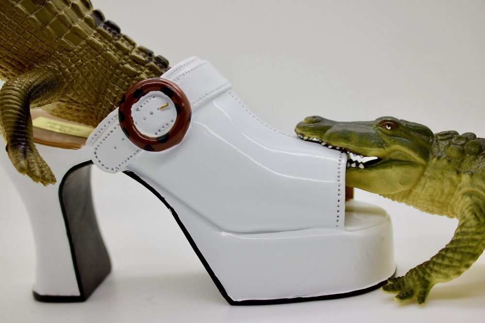 two crocodiles toys eating a shoe