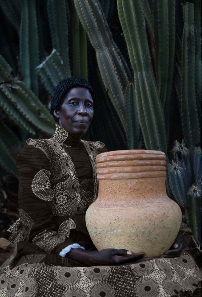 woman holding a clay pot 
