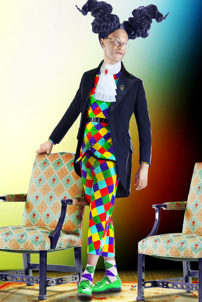 person standing between two chairs in clownish outfit