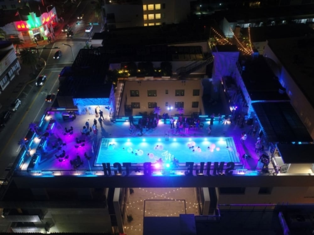 Aerial view of the rooftop pool deck