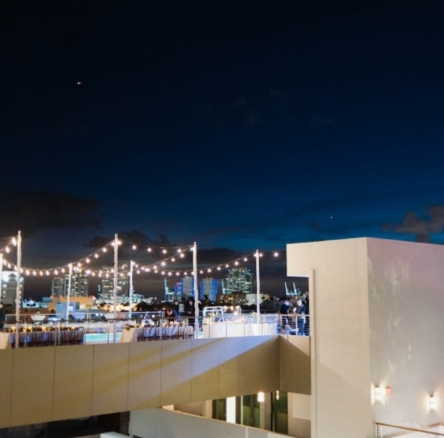 Rooftop pool deck at night