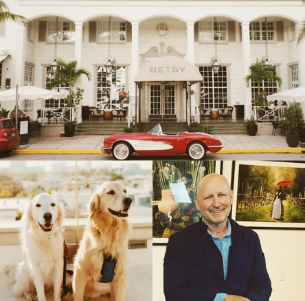 collage of the betsy images from two dogs, to a vintage sports car out front of the Betsy