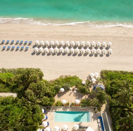 aerial view of the beach with umbrellas