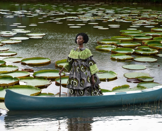 woman in a canoe with large lily pads surrounding the canoe