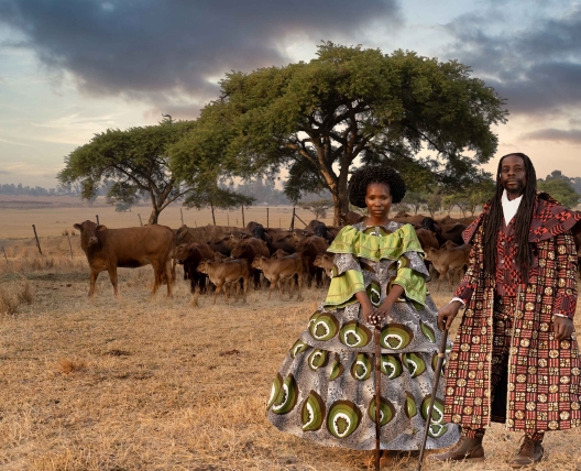 man and woman standing in a field with cattle and dressed up