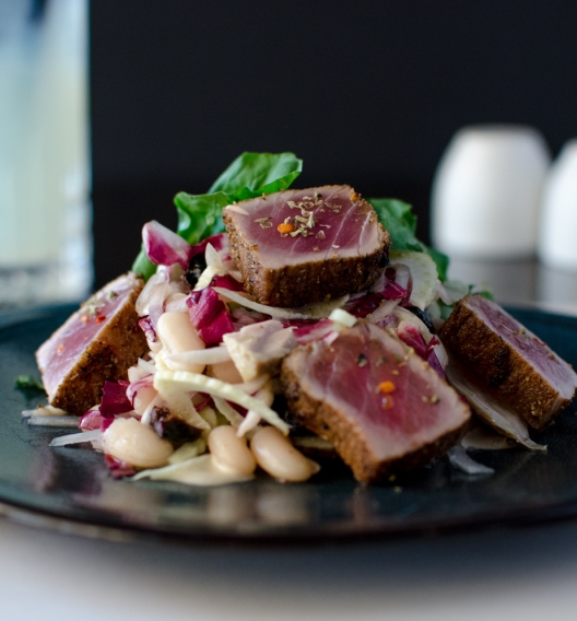seared tuna on a bean salad